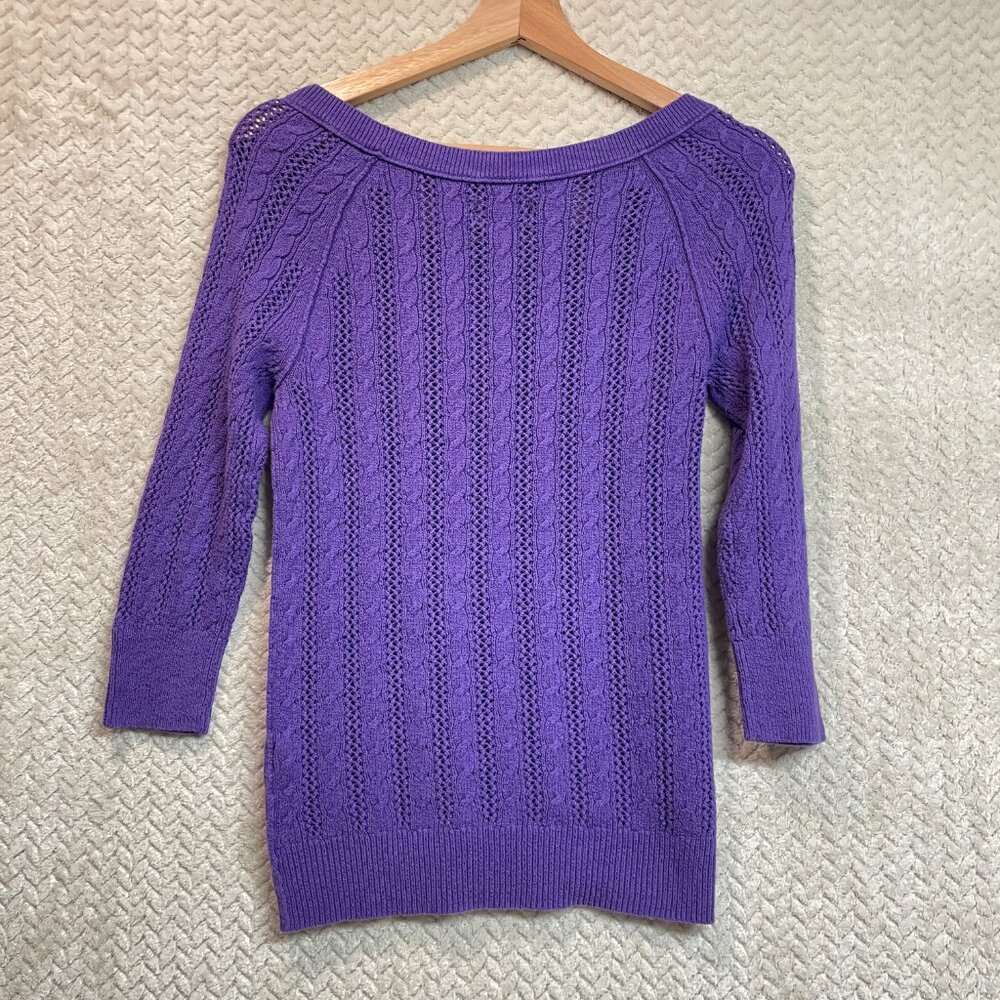 American Eagle Outfitters Y2K Style Purple Cable Knit 3/4 Sleeve Skinny Sweater - Picture 6 of 10